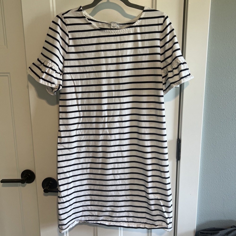 J. Crew Medium White Navy  Stripe‎ Ruffle Sleeve Cotton Dress Nautical